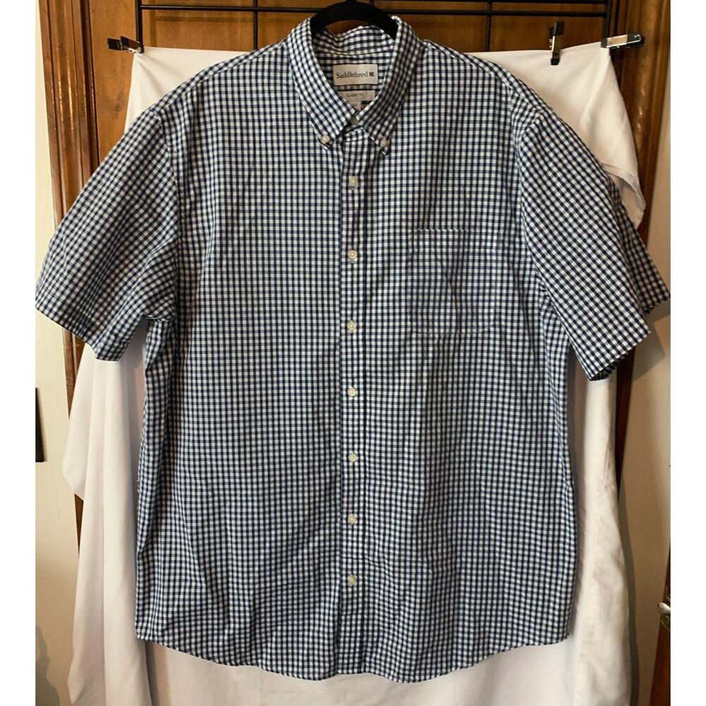 Men's Shirt Sleeve Blue and White Plaid Saddlebred Classic Fit XLT